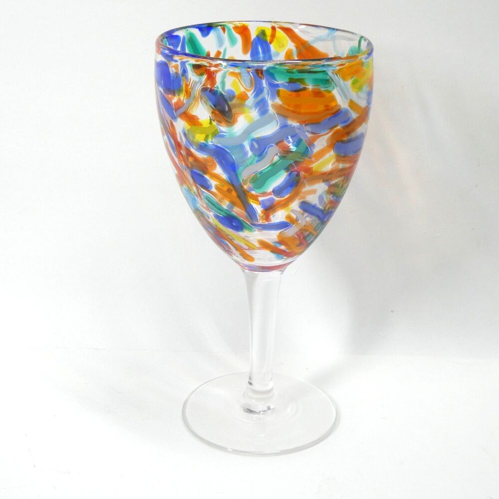 Pier 1 Imports Confetti Goblet Wine Water Glass Vintage Colorful Art Large 8"